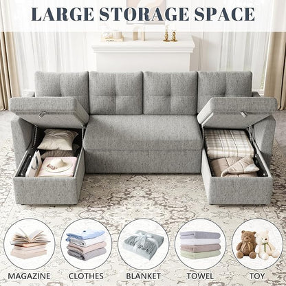 Huatean Home Oversized Pullout Couch Bed, 110 inch 2 in 1 Sleeper Sofa Couch for Living Room, Sectional Sleeper Sofa Bed with Double Storage Chaise, Side Pockets, Light Grey