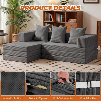 6-in-1 Tri-Folding Mattress | Cloud Boneless L-Shaped Modular Sectional Couches | Corduroy Pet-Friendly Convertible Futon Sofa Bed with 800LB Capacity Apartment, Guest Room, Game Room