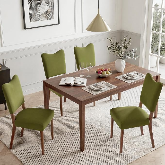 KISLOT Upholstered Dining Chairs Set of 4, Modern Velvet Kitchen Chairs with Solid Wood Legs, High Back Wooden Dining Room Chairs with Dark Walnut Color Legs for Farmhouse Kitchen Dining Room, Green