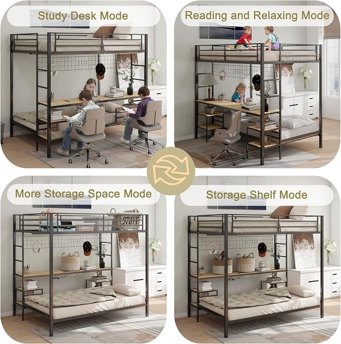 Bellemave Full Over Twin bunk Bed with Desk, loft Bed with Desk and Shelves, Full Over Twin Metal Bunk Beds with Charging Station, Black & Nature Oak