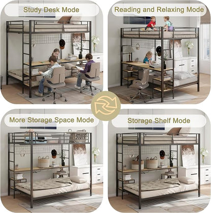 Bellemave Full Over Twin bunk Bed with Desk, loft Bed with Desk and Shelves, Full Over Twin Metal Bunk Beds with Charging Station, Black & Nature Oak