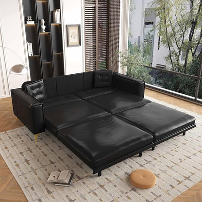 92.1'' King Pull out Sofa Bed, Convertible Futon Couch, 3-in-1 Faux Leather Sleeper Sofa with Tufted Back, 2 Pillows, Gold Legs, Deep Folding Loveseat Couches for Living Room, Apartment, Black