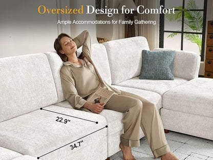 Oversized Modular Sectional Sofa V-Shaped Cloud Couches White | 109'' Deep Seat Couch for Living Room, 5-Seater Luxury Comfortable Corner sofa, Solid Wood Frame, Removable Washable Cover