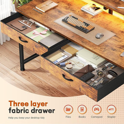 DurayLoly 47.3Inch Office Computer Desk with LED Lights & 2 Fabric Drawers, Gaming Desk with Side Pocket & Ergonomic Monitor Stand, Small Space Study Writing Table with Anti-Tip Design, Rustic Brown