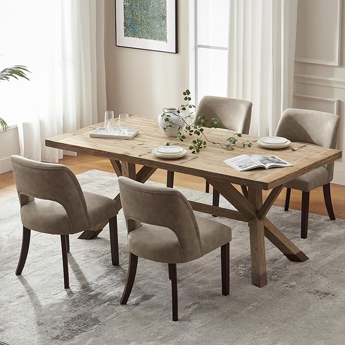 VKNOW Modern Dining Chairs Set of 4 with Rubberwood Legs, Taupe | Faux Leather, Curved Back, For family, Kitchen Dining RoomRestaurant Reception Room, No wobble, 80% pre-installed