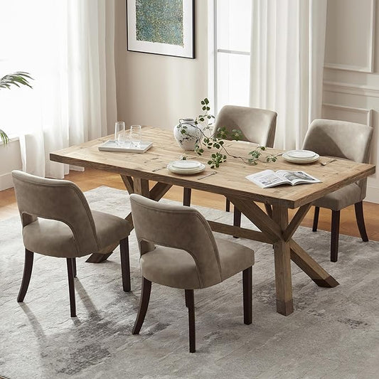 VKNOW Modern Dining Chairs Set of 4 with Rubberwood Legs, Taupe | Faux Leather, Curved Back, For family, Kitchen Dining RoomRestaurant Reception Room, No wobble, 80% pre-installed