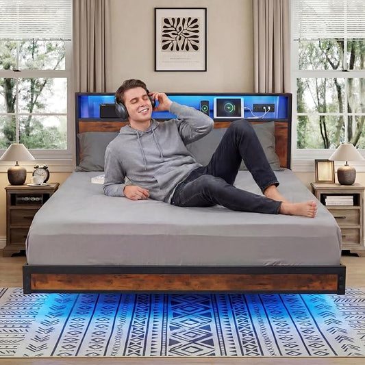 BedsPick Full Size Bed Frame with 2-Tier Storage Headboard, Metal Platform Bed Frame Full with Smart LED Lights & USB Charging Station, Noise-Free/Metal Support/No Box Spring Needed, Brown