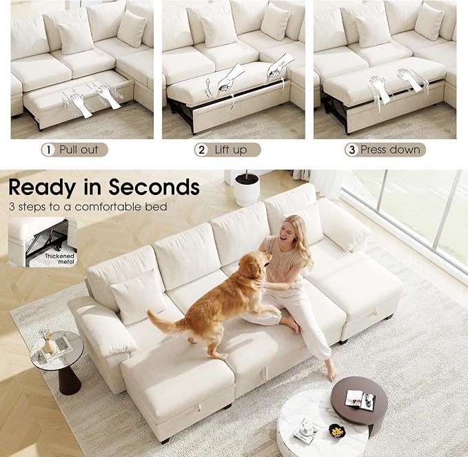107.8" Modular Sectional Sleeper Sofa Bed, U Shaped 6 Seat Pull Out Couch with Storage Ottoman, Convertible Cloud Couch Bed, Sectional Couches for Living Room, Apartment (Beige)