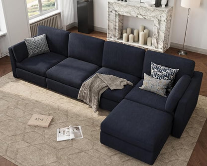 Oversized Modular Sectional Sofa L-Shaped Cloud Couches Blue | 150'' Deep Seat Couch for Living Room, 5-Seater Luxury Corner sofa with Ottoman, Solid Wood Frame, Removable Washable Cover