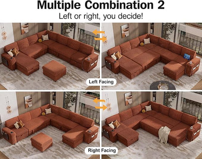 Vipbear 130" Modular Sectional Sleeper Sofa with Pull Out Bed, 9 Seat Corduroy L Shaped Couch with Ottoman and Chaise|USB Ports|Cup Holders|Side Table, Tool Free Assembly, Orange