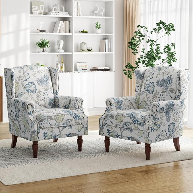 Pia Ricco Set of 2 Floral Accent Chairs, High Back Upholstered Armchairs with Retro Wingback Design, Nailhead Trim & Solid Wood Legs for Living Room Bedroom(Plants Blue)