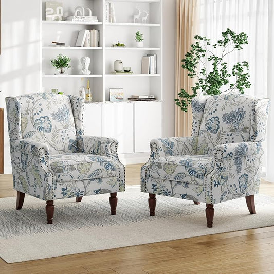 Pia Ricco Set of 2 Floral Accent Chairs, High Back Upholstered Armchairs with Retro Wingback Design, Nailhead Trim & Solid Wood Legs for Living Room Bedroom(Plants Blue)