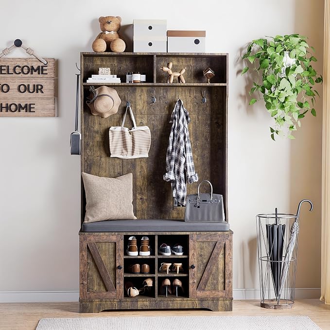 71" Hall Tree with Bench and Shoe Storage, Entryway Hall Tree with 2 Doors and 6 Adjustable Shelves, Cushioned Storage Bench with Coat Rack for Hallway, Living Room, Mudroom