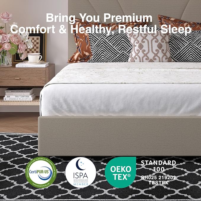 Novilla Full Size Bed Frame, Full Size Bed Frame with Headboard, Full Size Bed Frame with Storage Drawers, Full LED Bed Frame, Charging Station and Adjustable Headboard, No Box Spring Needed, Beige