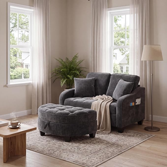 ERYE Chenille Tufted Loveseat Sofa and Ottoman Set, Tufted Recliner Sleeper Chaise Lounge with Curved Storage Ottoman,Reclining Backrest and Side Pockets, 4 Pillows