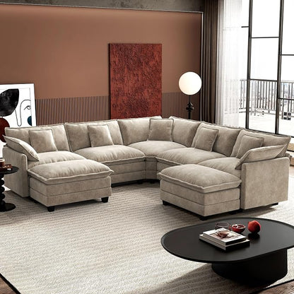 Ihanherry 114" V-Shaped Modern Sofa Modular Sectional Luxurious and Comfortable with 2 Ottoman, 7-Seat Chenille Deep Seat Sofa with Corner Section for Living Room, Bedroom and Apartment, Sand