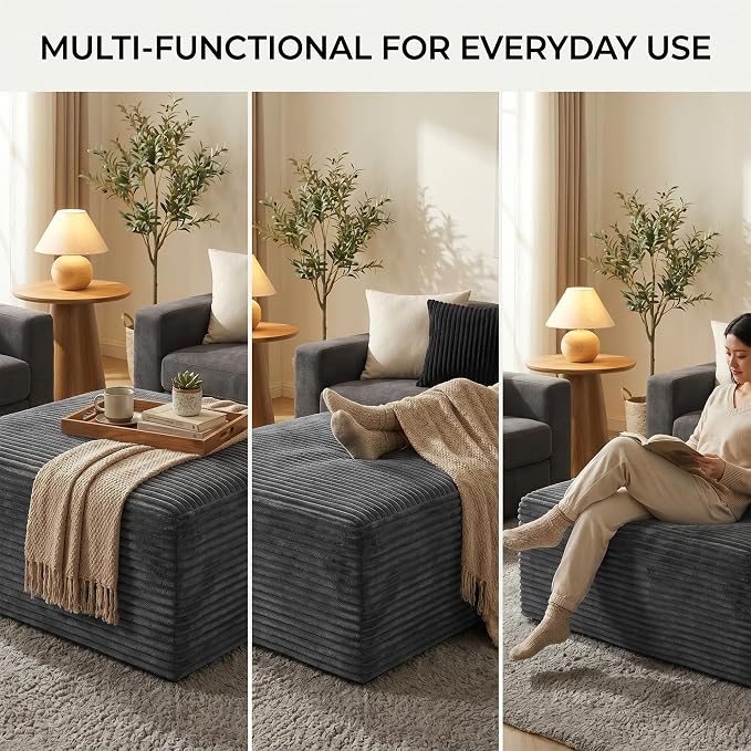 Oversized Boneless Ottoman for Living Room – Plush Square Corduroy Upholstered Couch Ottoman, Modern Low-Profile Footrest for Sectional & Modular Sofa-Black