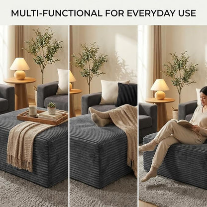 Oversized Boneless Ottoman for Living Room – Plush Square Corduroy Upholstered Couch Ottoman, Modern Low-Profile Footrest for Sectional & Modular Sofa-Black