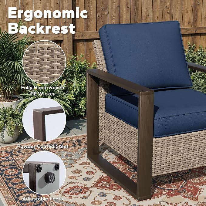 Joyside Outdoor Patio Chairs, 4 Pieces Wicker Rattan Furniture Set, 2 Patio Chairs, 2 Ottoman and 1 Table, Metal Wide Armrest, Thick Cushions and Deep Seating for Garden, Backyard, Porch, Deck