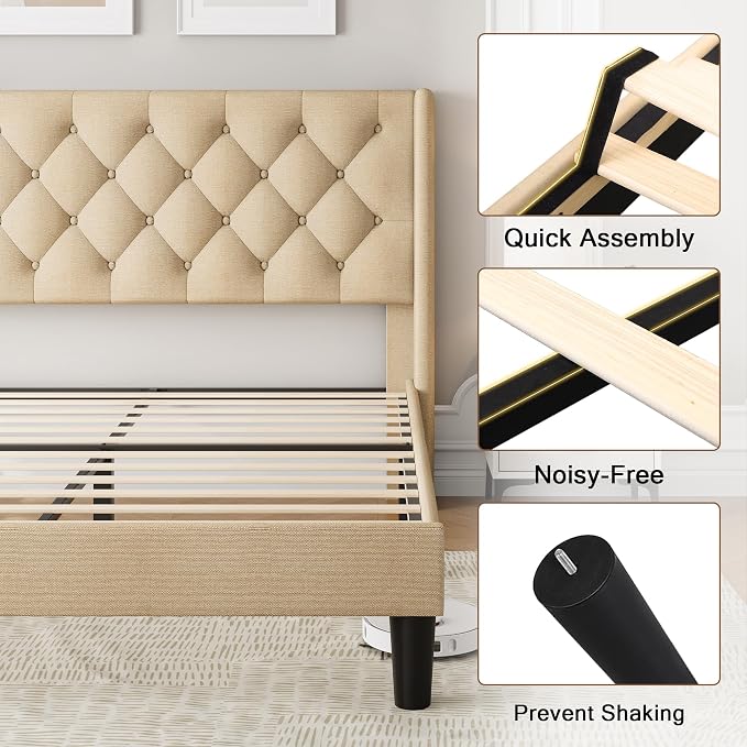 Einhomn Full Size Platform Bed Frame with Fabric Upholstered Wingback Headboard, 10" Under Bed Space, Wooden & Metal Slats Support, No Box Spring Needed, Beige