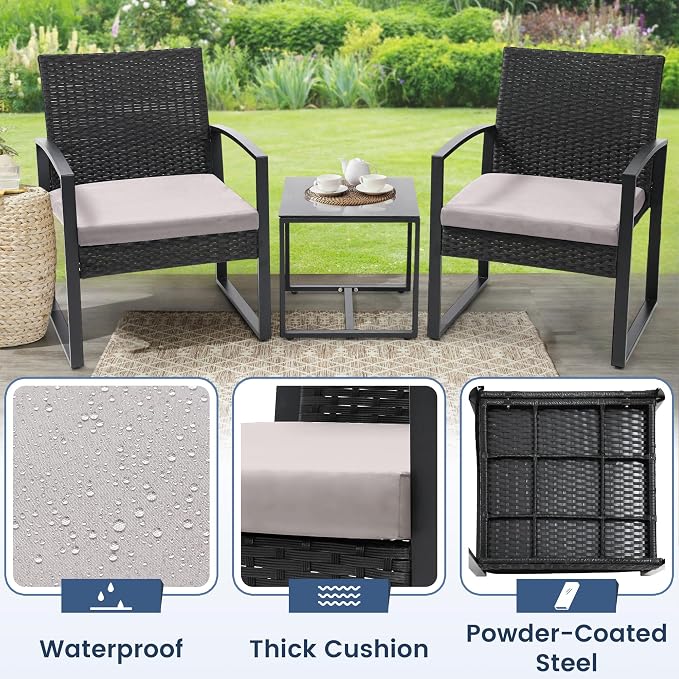 Murago 3 Piece Wicker Patio Bistro Set, Rattan Conversation Set with Coffee Table, for Balcony, Porch, Garden, Yard, Poolside, Black Frame with Grey Cushion
