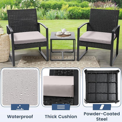 Murago 3 Piece Wicker Patio Bistro Set, Rattan Conversation Set with Coffee Table, for Balcony, Porch, Garden, Yard, Poolside, Black Frame with Grey Cushion