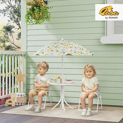 Qaba Kids Picnic Table and Chair Set, Outdoor Activity Table with Foldable Chairs, Removable Umbrella, Elephant and Giraffe Pattern Toddler Patio Furniture for Backyard, Garden, White