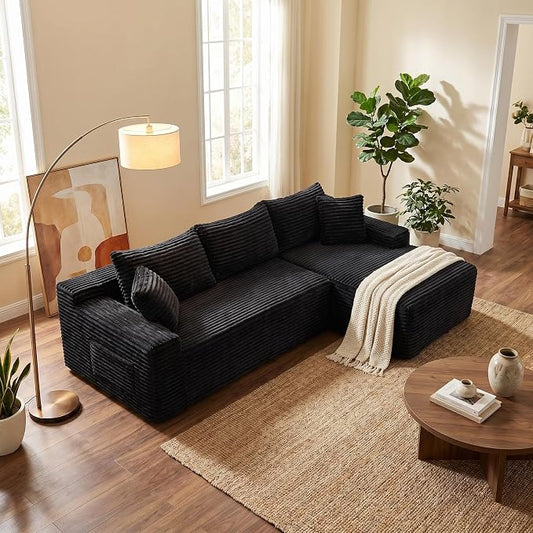 95" L-Shaped Cloud Sectional Couch, Right Facing Modular Compressed Boneless Sectional Sofa with Chaise Lounge, Plush Corduroy Boneless Corner Sofa for Living Room