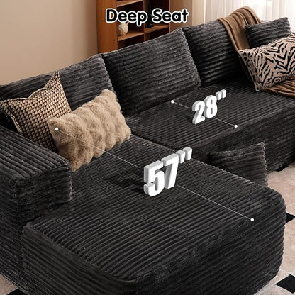 ovios 104" Cloud Boneless Couch with L-Shape Chaise,Modern Sectional Modular Sofa with Deep Seat, Upholstered Couches for Living Room Bedroom,No Assembly Required, Grey (Plush Corduroy Fabric)