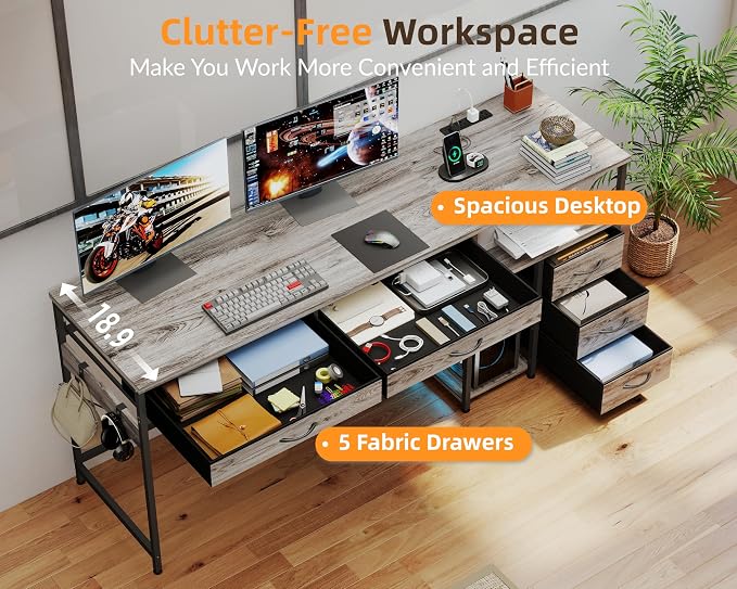 YOSHOOT 60" Computer Desk with 5 Fabric Drawers, Gaming Desk Table | Desk with Storage and Power Outlets, for Adults and Teenagers Working Writing Study, Grey