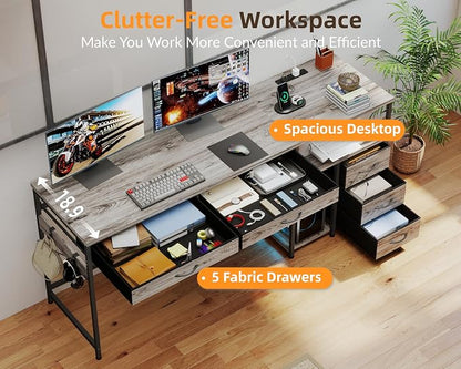 YOSHOOT 60" Computer Desk with 5 Fabric Drawers, Gaming Desk Table | Desk with Storage and Power Outlets, for Adults and Teenagers Working Writing Study, Grey