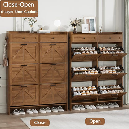 Shoe Cabinet with 6 Flip Drawers & 2 Top Drawers, 57" Tall Freestanding Narrow Wooden Shoe Storage Organizer for Entryway, Hidden Slim Shoe Rack for Front Door Entrance, Hallway, Living Room, Walnut