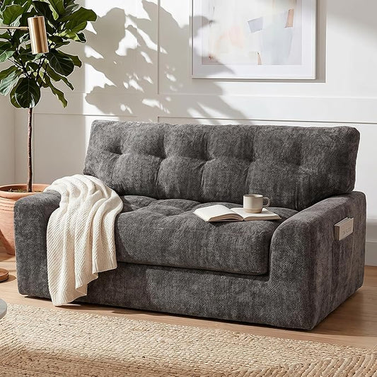 MONVANE 55.5" Convertible Loveseat Sofa, Comfy Chenille Cloud Couch with Storage Pocket, Modern Deep Seat Boneless Couch, 2 Seater Sofa for Living Room, No Assembly Required, Grey