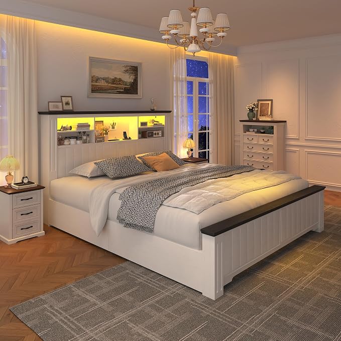 EnHomee Full Size Bed Frame with Storage Headboard and 4 Drawers,Charging Port & LED,No Box Spring Needed for Apartment,Noise,-Free,White with Grain Marks