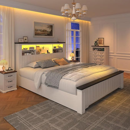 EnHomee Full Size Bed Frame with Storage Headboard and 4 Drawers,Charging Port & LED,No Box Spring Needed for Apartment,Noise,-Free,White with Grain Marks