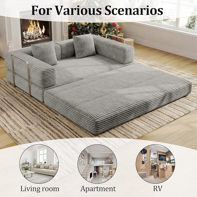 BSHOMGI 4 in 1 Convertible Sofas Boneless Couches with 2 Pillow, Modern Corduroy Futon Bed, Modular Queen Sofa with Pull-Out Bed, LoveSeat for Living Room, Small Space Apartment 59" 2 Seat
