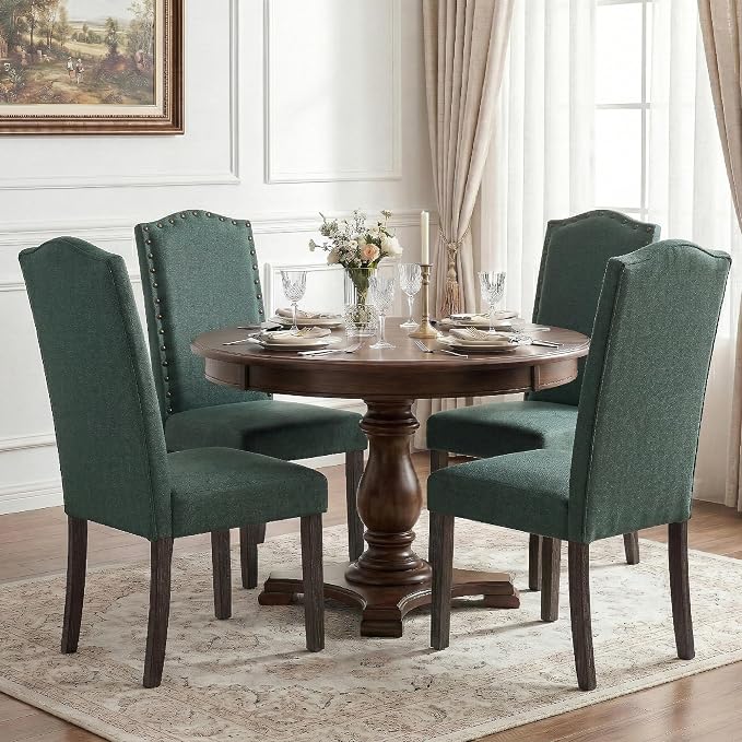 LSSBOUGHT Dining Chairs Set of 2, Upholstered Parsons Dining Room Chairs Fabric Kitchen Chairs with Solid Wood Frame and Nailhead Trim(Green, 2PCS)