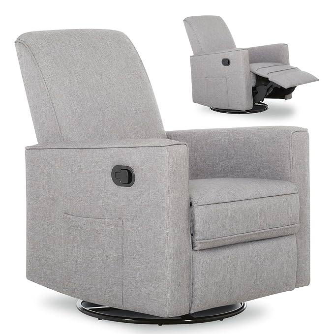 Evolur Raleigh Upholstered Manual Glider Recliner– Rocking & 360° Swivel with Smooth Glide – Greenguard Gold & FSC Certified – Modern Nursery and Living Room Chair in Light Grey