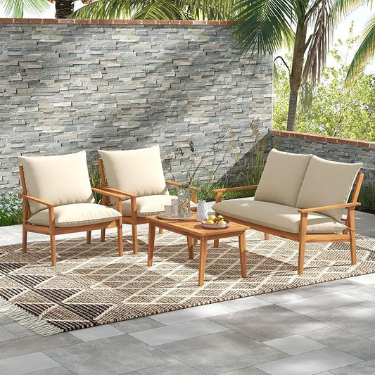 Tangkula 4 Pieces Patio Furniture Set, Outdoor Acacia Wood Conversation Set with Soft Cushions and Coffee Table, Outdoor Sectional Sofa Set for Lawn, Garden, Backyard and Poolside (1, Natural)