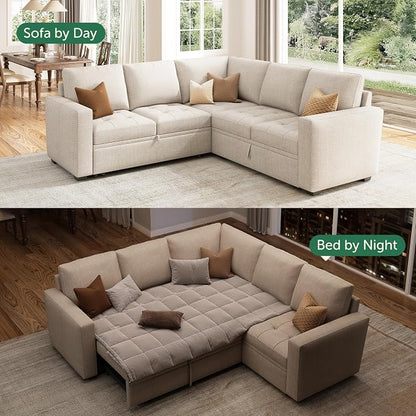 HONBAY Modular Sectional Sleeper Sofa with Pull Out Bed L Shaped Couch with Storage Seat Sectional Couches for Living Room,Beige