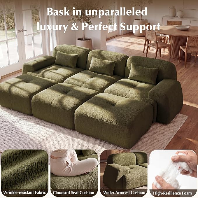 118'' Modular Sectional Cloud Couch Boneless Couches, Oversize Curved Sectional Couches for Living Room, Deep Seat Couch Lambswool Sofa with Ottoman & Throw Pillows, No Assembly, HR Foam