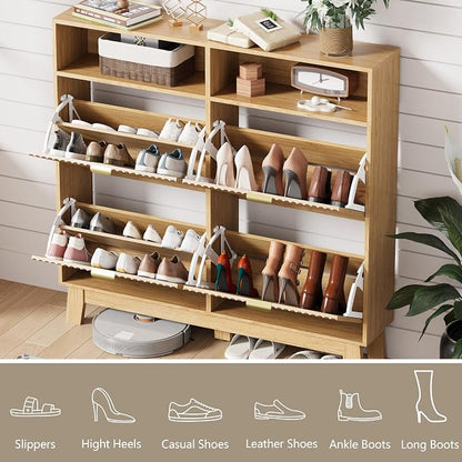 HUANLEGO Shoe Cabinet Storage for Entryway with 4 Flip Drawers, Fluted Narrow Shoe Organizer with Wooden Legs & Top Cubby, Freestanding Slim Shoe Storage Hidden Shoe Rack for Front Door Entrance, Oak