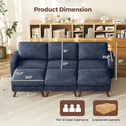 Vesgantti 97" Modular Sectional Sofa Drak Blue, Sectional Couch with Movable Ottoman, Comfy Corduroy Couch with Spring Cushion, Modular Sofa with Deep Seat for Living Room, Bedroom and Apartment