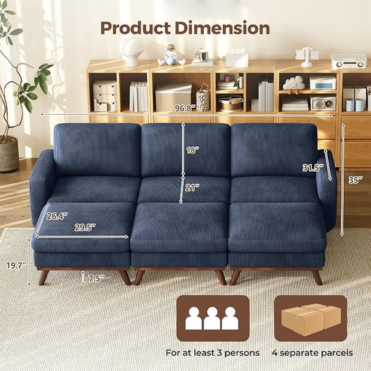 Vesgantti 97" Modular Sectional Sofa Drak Blue, Sectional Couch with Movable Ottoman, Comfy Corduroy Couch with Spring Cushion, Modular Sofa with Deep Seat for Living Room, Bedroom and Apartment
