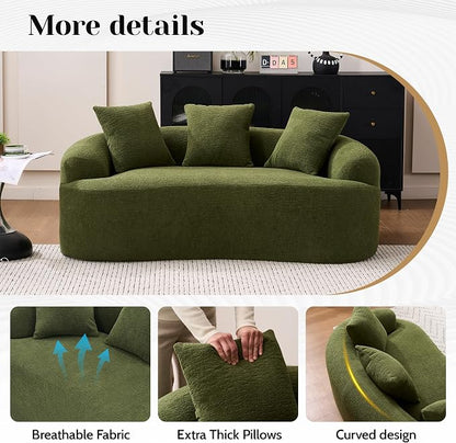 65" Curved Loveseat,Deep Seat Cloud Floor Couch with 3 Backrest,Cozy Chenille Fabric,Small Loveseat for Small Spaces,Bedroom,Office,Apartment (Green, 65 Inch)