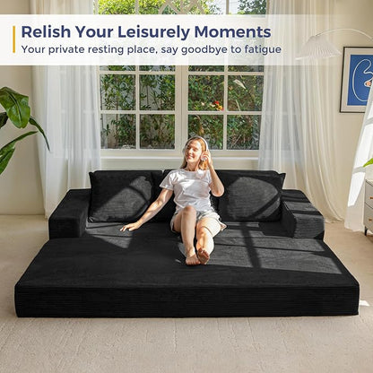 MAXYOYO Convertible Sofa Bed, 80" Oversized Boneless Loveseat Couch 4 in 1 Foldable Floor Sofa Couch in A Box with 2 Cup Holders, Folding Chair for Living Room, No Assembly Required, Black