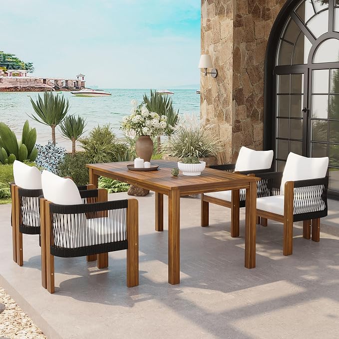 Quarte Luxury 4-Person Outdoor Dining Set: Solid Acacia Wood Table with Rope-Woven Chairs & Comfy Cushions for Patio, Garden, Poolside or Deck (Black,Brown-R)