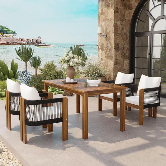 Quarte Luxury 4-Person Outdoor Dining Set: Solid Acacia Wood Table with Rope-Woven Chairs & Comfy Cushions for Patio, Garden, Poolside or Deck (Black,Brown-R)