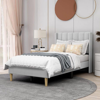 AGARTT Upholstered Platform Bed Frame Twin Size with Headboard and Footboard/Wooden Slats Support/No Box Spring Needed/Easy Assembly,Light Grey Linen