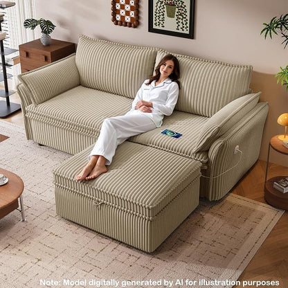 85'' Sofa Bed Full Size, Tool-Free Assembly, 3 in 1 Convertable Sleeper Sofa, Corduroy Couches with Pull Out Bed, USB & Storage, Modern Loveseat for Small Space, Living Room, Corduroy Camel